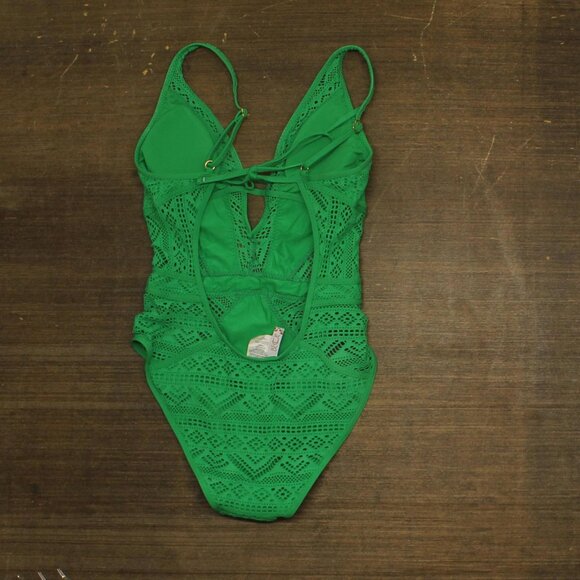 Becca Womens Crochet One Piece Plunge Neck Swimsuit 711057 Emerald Green L - Picture 2 of 6